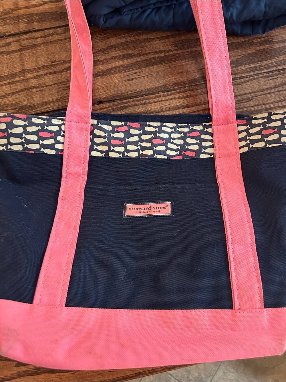 Vineyard Vines Navy Tote with Coral Handles and Whale Trim